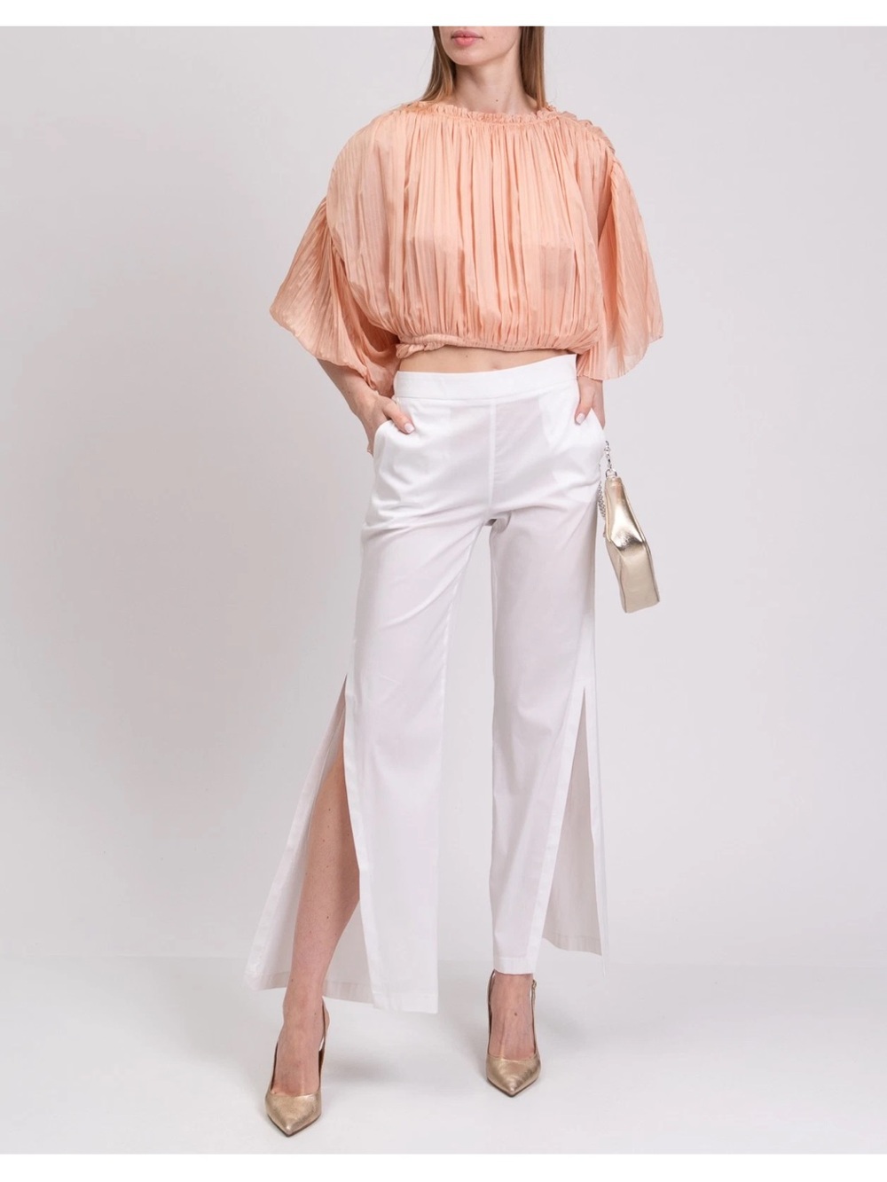 NWT Patrizia Pepe White Side Slit Trousers IT 42 Elegant Italian Wide Leg Pants
